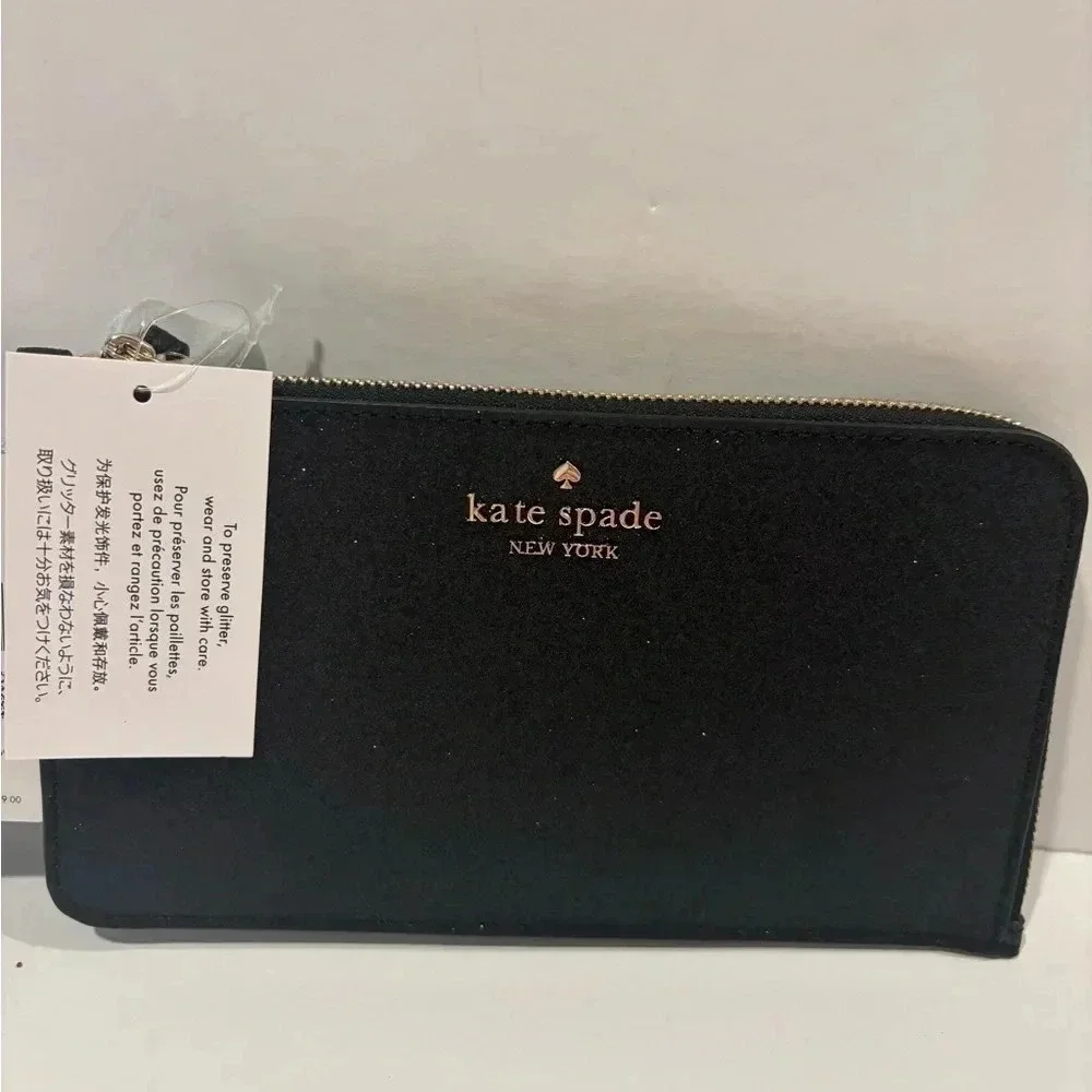 Kate Spade NWT Lucy Glitter Medium L-Zip Wristlet Color Black